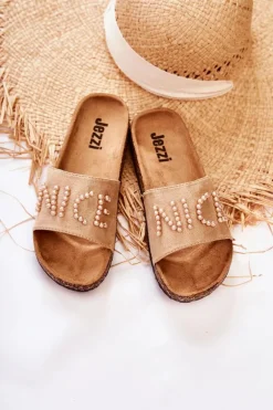 Klasyczne Zamszowe Klapki Z Koralikami Beżowe Vayana