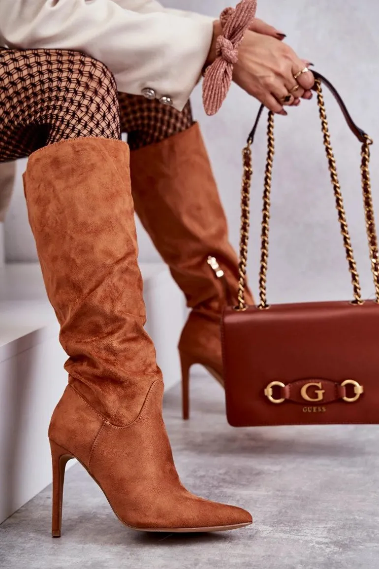 Klasyczne Zamszowe Kozaki Na Szpilce Camel Ameya