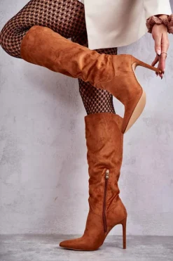 Klasyczne Zamszowe Kozaki Na Szpilce Camel Ameya