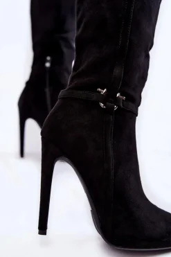 Klasyczne Zamszowe Kozaki Na Obcasie Czarne Linney