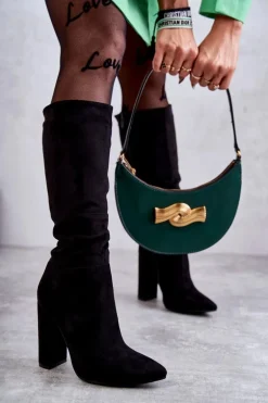 Klasyczne Zamszowe Kozaki Na Obcasie Czarne Tressa