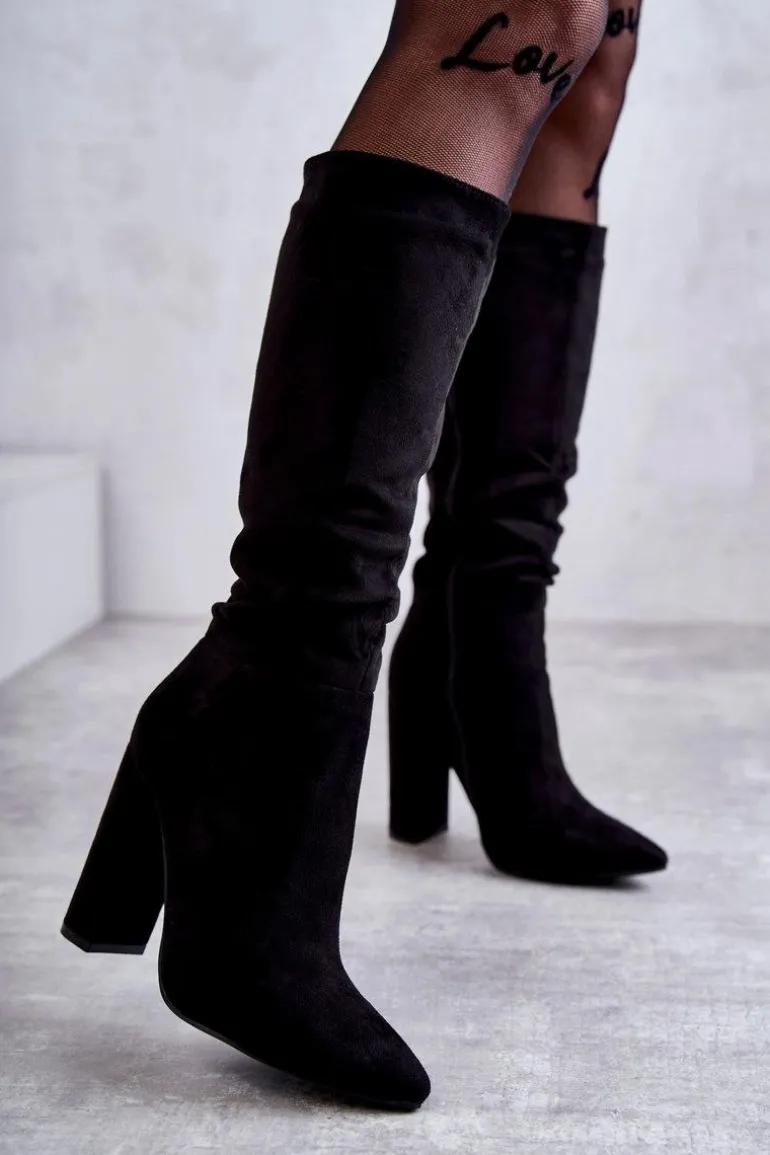 Klasyczne Zamszowe Kozaki Na Obcasie Czarne Tressa