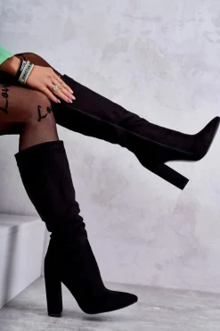 Klasyczne Zamszowe Kozaki Na Obcasie Czarne Tressa