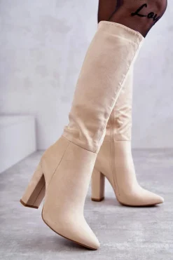 Klasyczne Zamszowe Kozaki Na Obcasie Beżowe Tressa