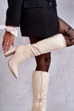 Klasyczne Zamszowe Kozaki Na Obcasie Beżowe Tressa