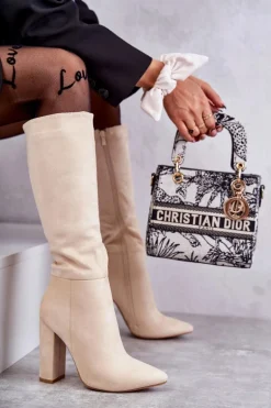 Klasyczne Zamszowe Kozaki Na Obcasie Beżowe Tressa