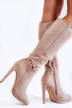 Klasyczne Zamszowe Kozaki Na Obcasie Beżowe Linney