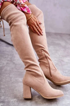 Klasyczne Zamszowe Kozaki Muszkieterki Beżowe Clarissa