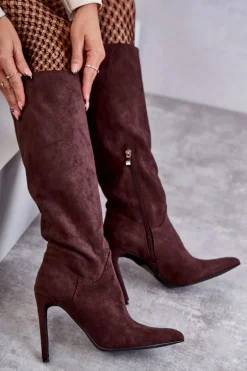 Klasyczne Zamszowe Kozaki Na Szpilce Brązowe Ameya