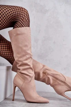 Klasyczne Zamszowe Kozaki Na Szpilce Beżowe Ameya