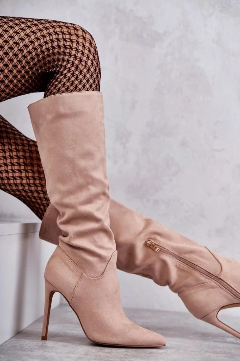 Klasyczne Zamszowe Kozaki Na Szpilce Beżowe Ameya
