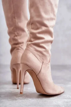 Klasyczne Zamszowe Kozaki Na Szpilce Beżowe Ameya