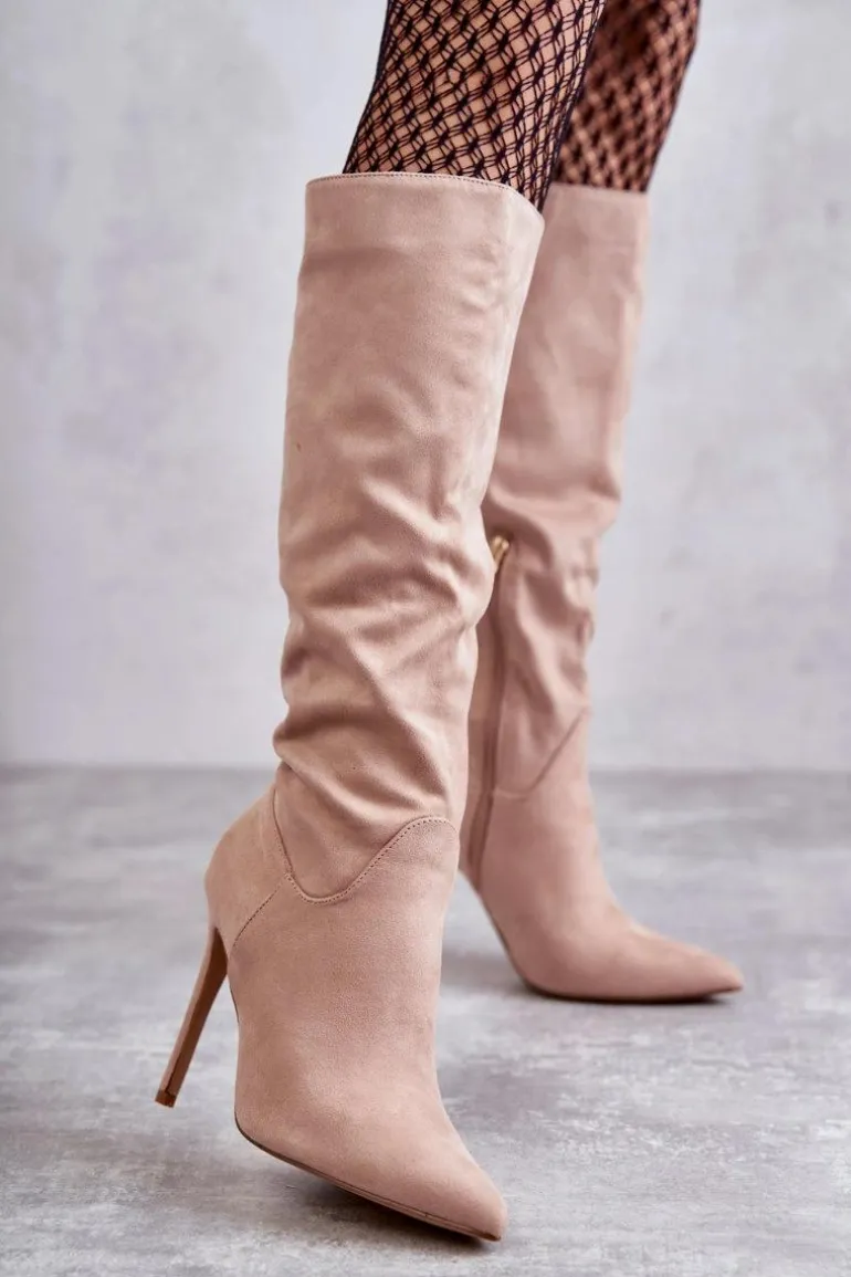 Klasyczne Zamszowe Kozaki Na Szpilce Beżowe Ameya