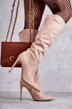 Klasyczne Zamszowe Kozaki Na Szpilce Beżowe Ameya