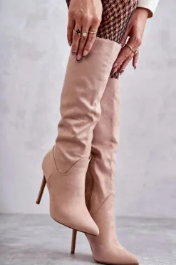 Klasyczne Zamszowe Kozaki Na Szpilce Beżowe Ameya