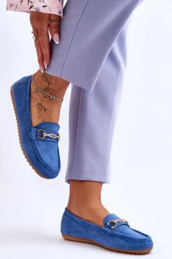 Klasyczne Zamszowe Mokasyny Z Ozdobą Niebieskie Amera