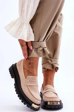 Klasyczne Zamszowe Mokasyny Z Ozdobą Beżowe Monaro