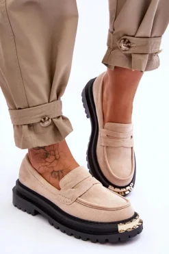 Klasyczne Zamszowe Mokasyny Z Ozdobą Beżowe Monaro