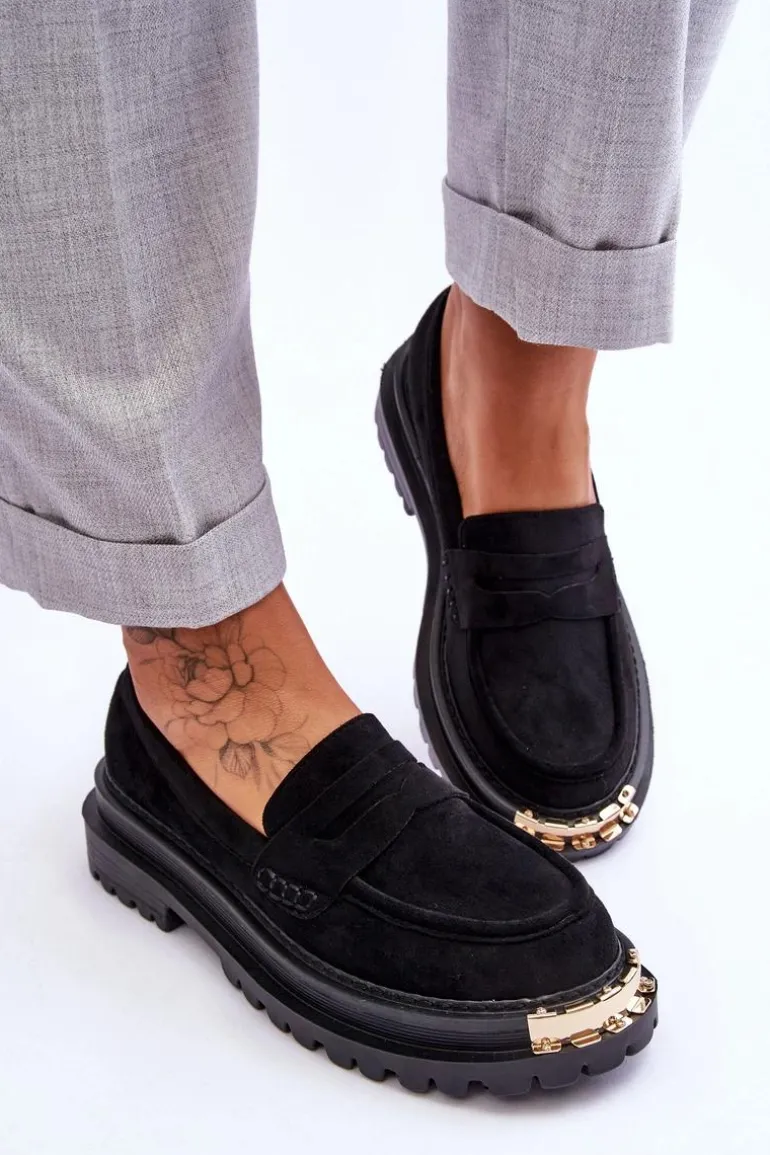 Klasyczne Zamszowe Mokasyny Z Ozdobą Czarne Monaro