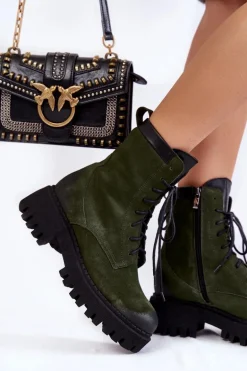 Klasyczne Zamszowe Ocieplane Botki Zielone Lemar Caima