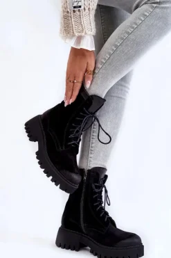 Klasyczne Zamszowe Ocieplane Botki Czarne Lemar Caima