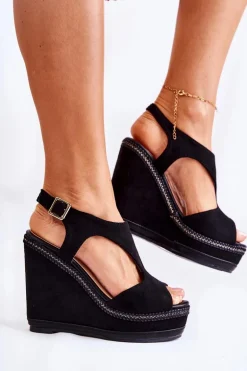 Klasyczne Zamszowe Sandały Na Koturnie Czarne Lysette