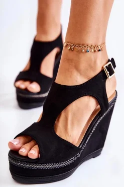 Klasyczne Zamszowe Sandały Na Koturnie Czarne Lysette