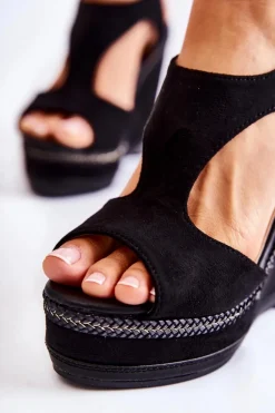 Klasyczne Zamszowe Sandały Na Koturnie Czarne Lysette