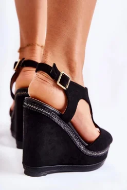 Klasyczne Zamszowe Sandały Na Koturnie Czarne Lysette