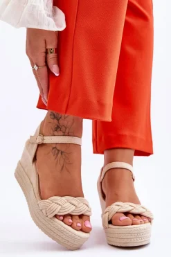 Klasyczne Zamszowe Sandały Na Koturnie Beżowe Denisse