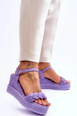 Klasyczne Zamszowe Sandały Na Koturnie Fioletowe Denisse