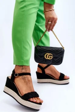 Klasyczne Zamszowe Sandały Na Koturnie Czarne Denisse