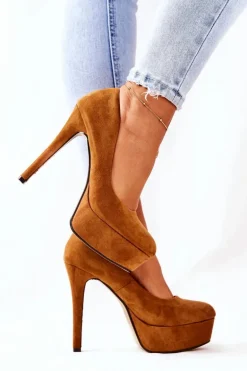 Klasyczne Zamszowe Szpilki Na Platformie Camel Silly