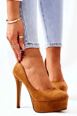 Klasyczne Zamszowe Szpilki Na Platformie Camel Silly