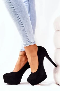 Klasyczne Zamszowe Szpilki Na Platformie Czarne Silly