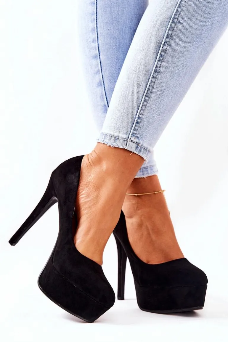 Klasyczne Zamszowe Szpilki Na Platformie Czarne Silly