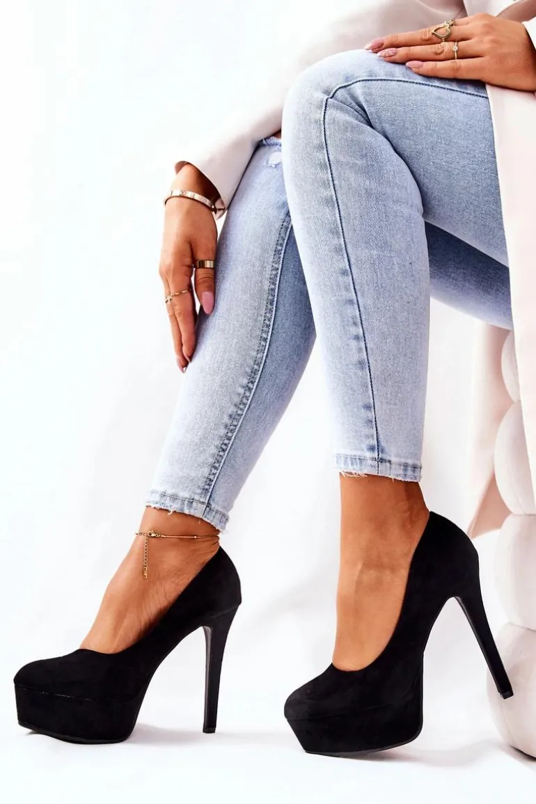 Klasyczne Zamszowe Szpilki Na Platformie Czarne Silly