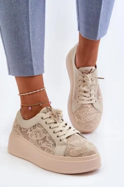 Koronkowe Sneakersy Damskie Na Platformie S.Barski HY51-059 Beżowe
