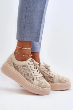 Koronkowe Sneakersy Damskie Na Platformie S.Barski HY51-059 Beżowe