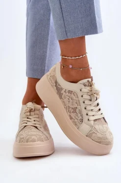 Koronkowe Sneakersy Damskie Na Platformie S.Barski HY51-059 Beżowe