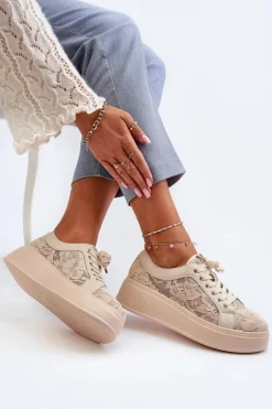 Koronkowe Sneakersy Damskie Na Platformie S.Barski HY51-059 Beżowe