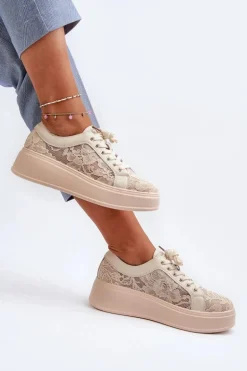 Koronkowe Sneakersy Damskie Na Platformie S.Barski HY51-059 Beżowe