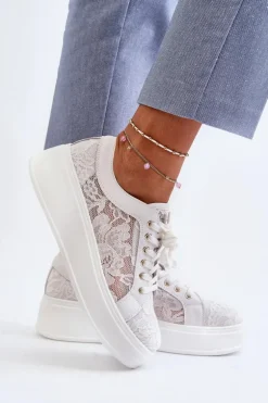 Koronkowe Sneakersy Damskie Na Platformie S.Barski HY51-059 Białe