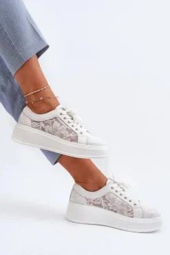 Koronkowe Sneakersy Damskie Na Platformie S.Barski HY51-059 Białe