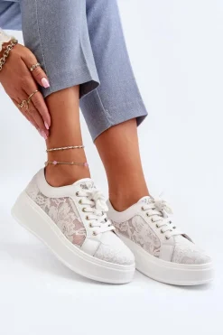 Koronkowe Sneakersy Damskie Na Platformie S.Barski HY51-059 Białe