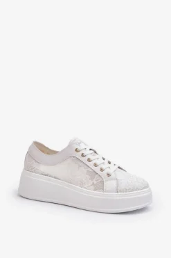 Koronkowe Sneakersy Damskie Na Platformie S.Barski HY51-059 Białe