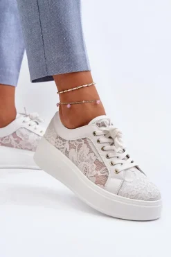 Koronkowe Sneakersy Damskie Na Platformie S.Barski HY51-059 Białe