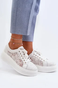 Koronkowe Sneakersy Damskie Na Platformie S.Barski HY51-059 Białe