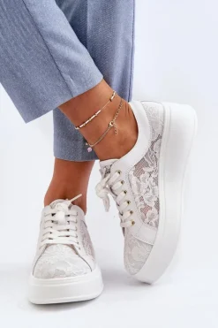 Koronkowe Sneakersy Damskie Na Platformie S.Barski HY51-059 Białe