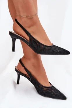 Koronkowe Szpilki Sandały Z Odkrytą Piętą Czarne Lisaviela